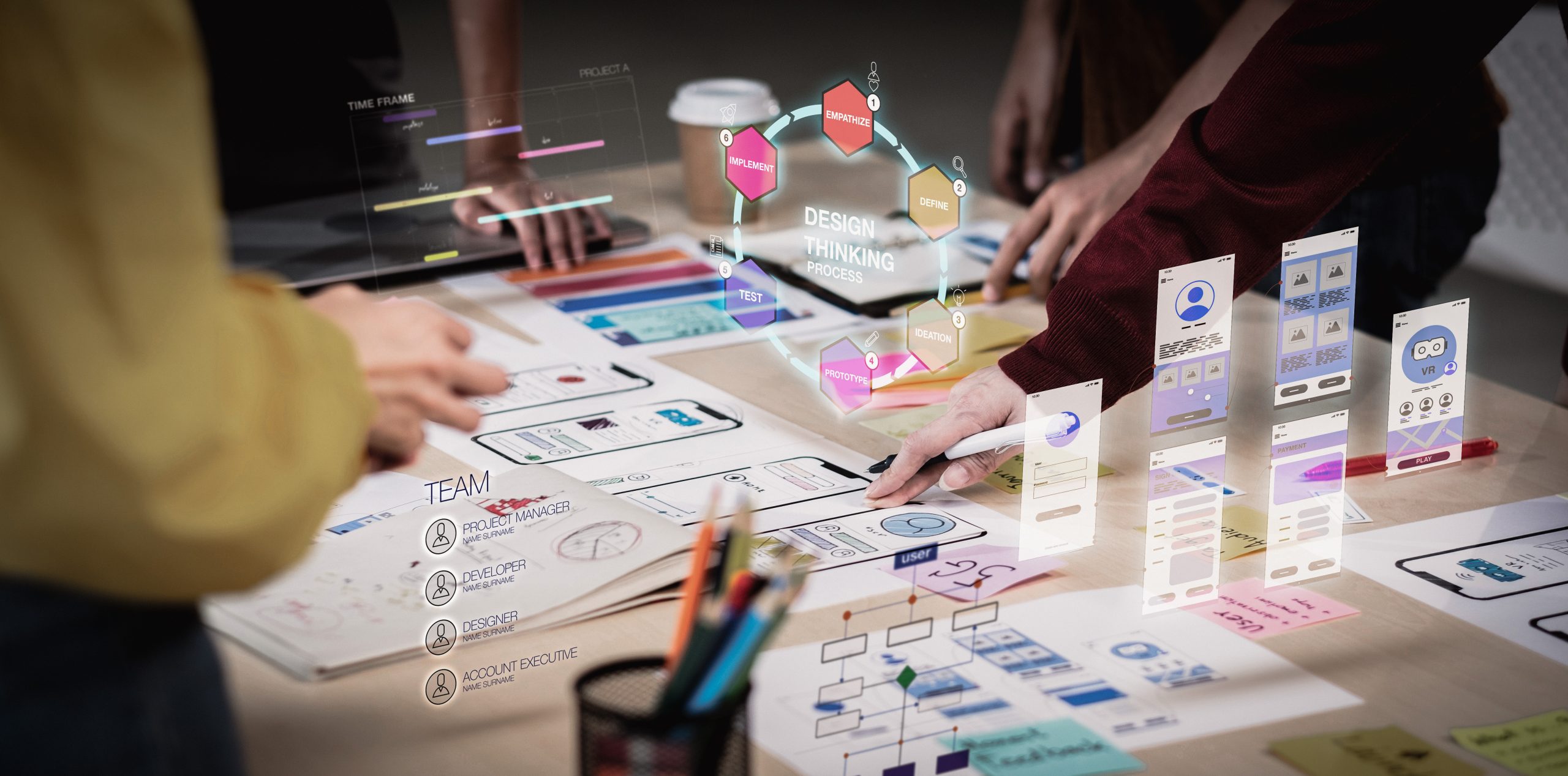 Creative team collaborating around a table with UX wireframes and a design thinking process diagram