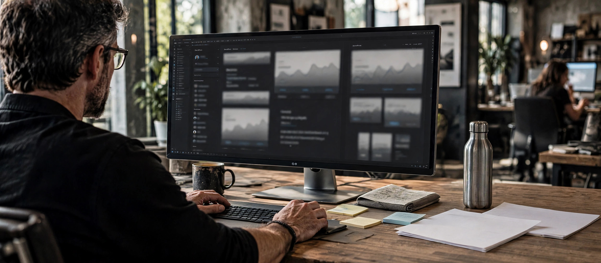 Designer working on a WordPress backend in a creative studio